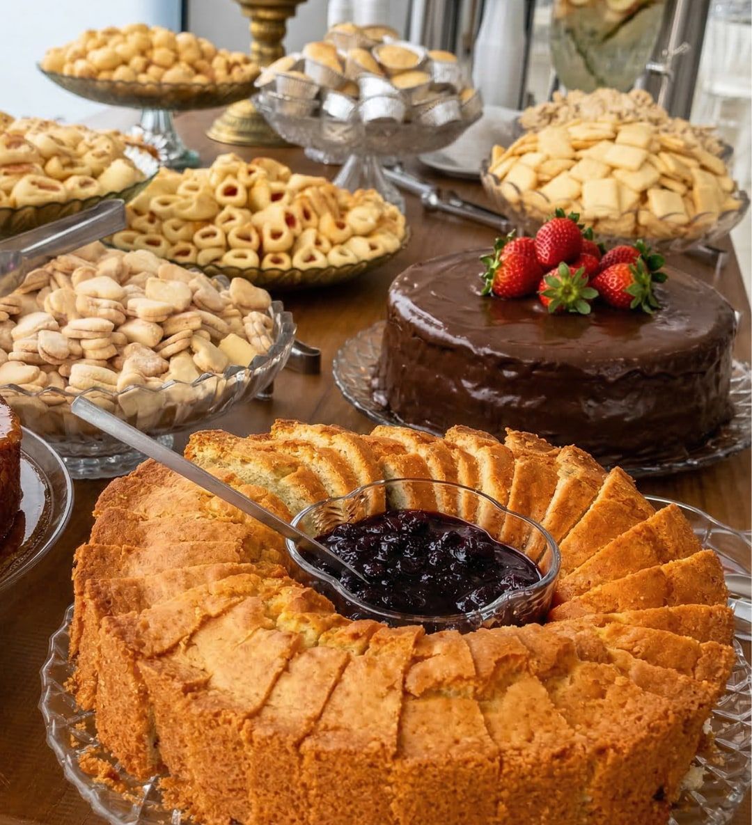 Bolos caseiros, biscoitos e castanhas em mesa de coffee break