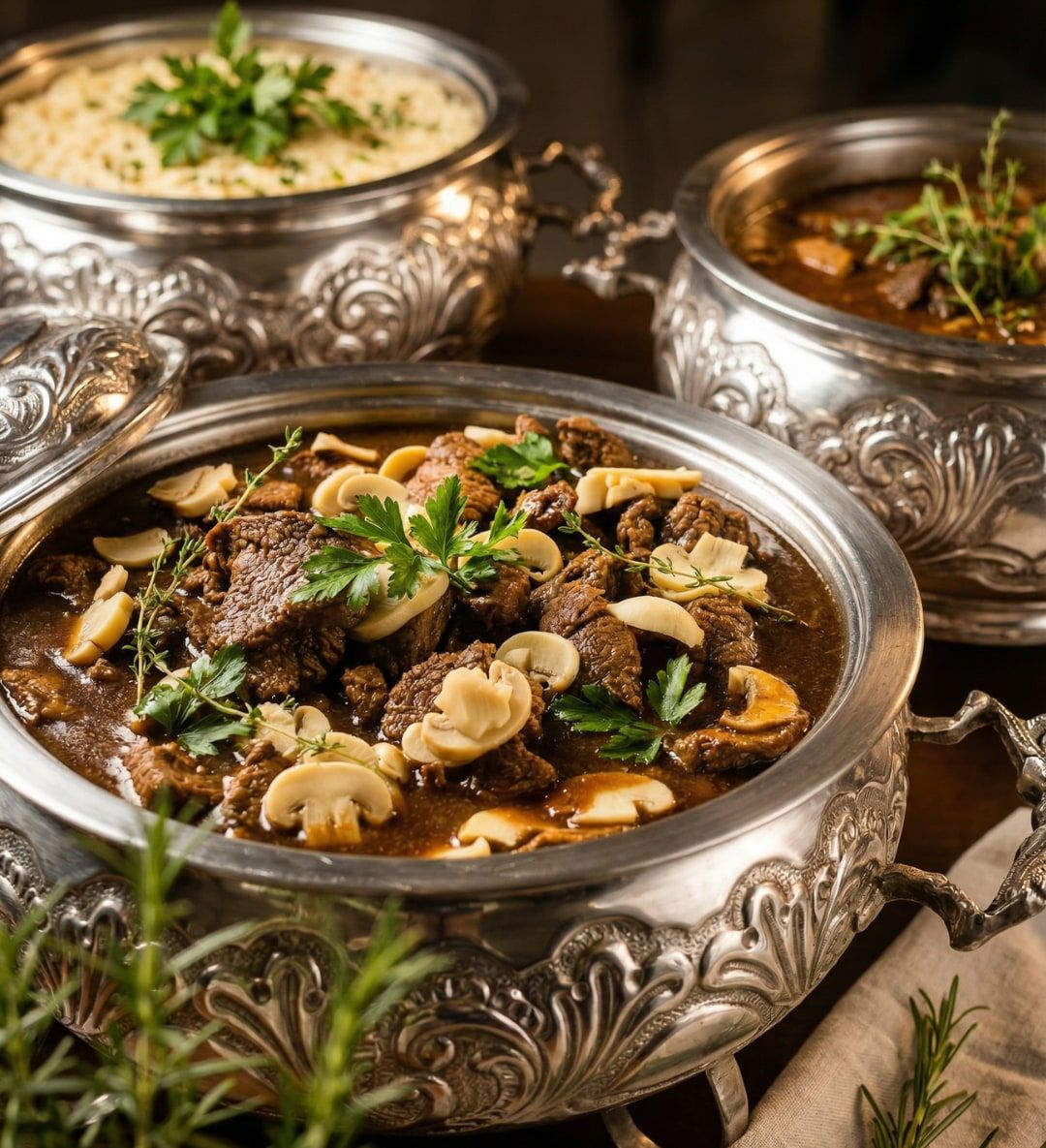 Réchaud de prata com carne ao molho e cogumelos, para almoço ou jantar