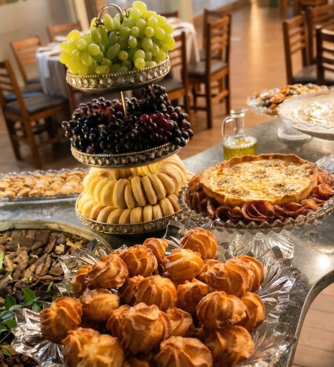 Mesa de coffee break com quiche, bombas recheadas, roscas e frutas